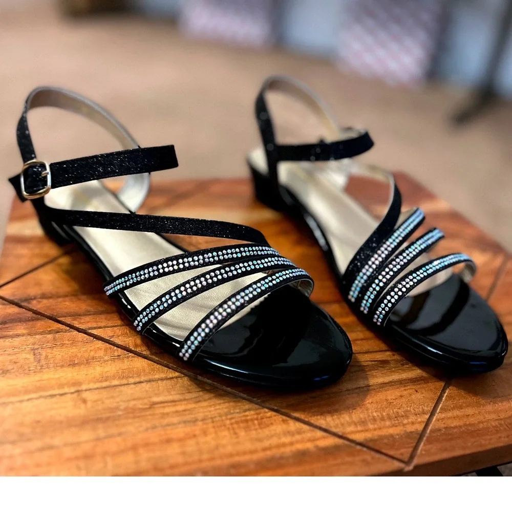 Pandaninija Girls Black Glitter Rhinestone Low Heel Sandals Size‎ 6 NWB